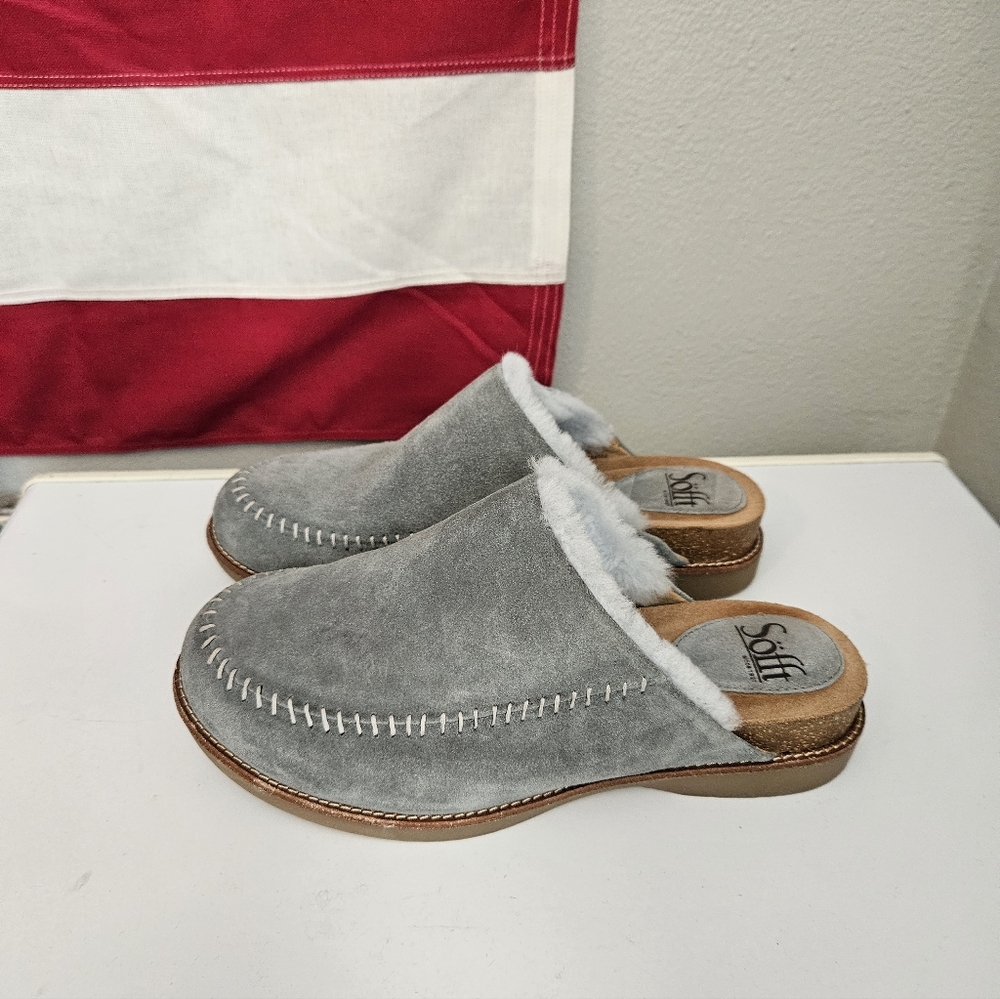 Sofft Gray Suede Fur-Lined Clog Mules